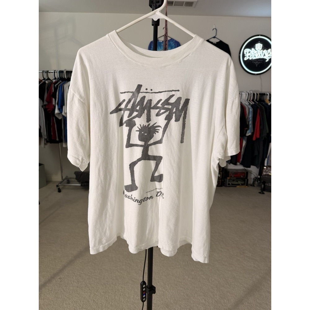 Vintage Stussy Washington DC State Hood White Graphic Tee USA Single Stitch‎ L